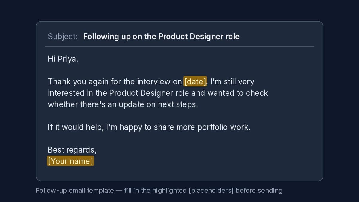 Follow-up email template with highlighted placeholders for the date and your name