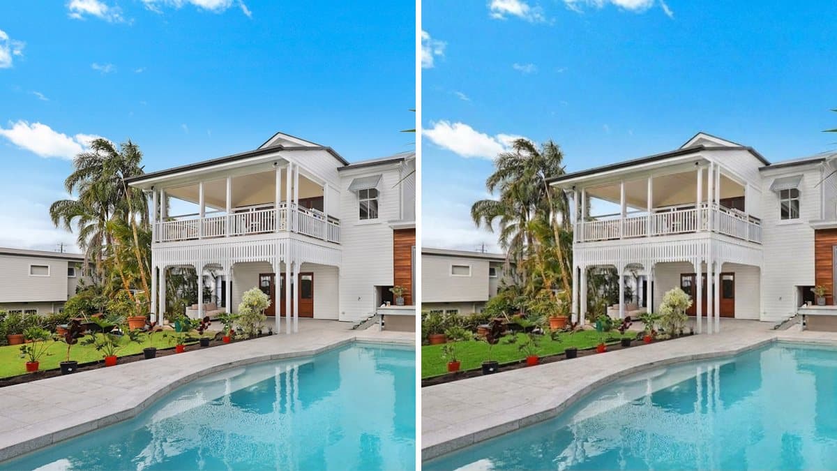 A white two-story house with a pool and a yellowish green lawn, next to the same house with a deeper, even green lawn