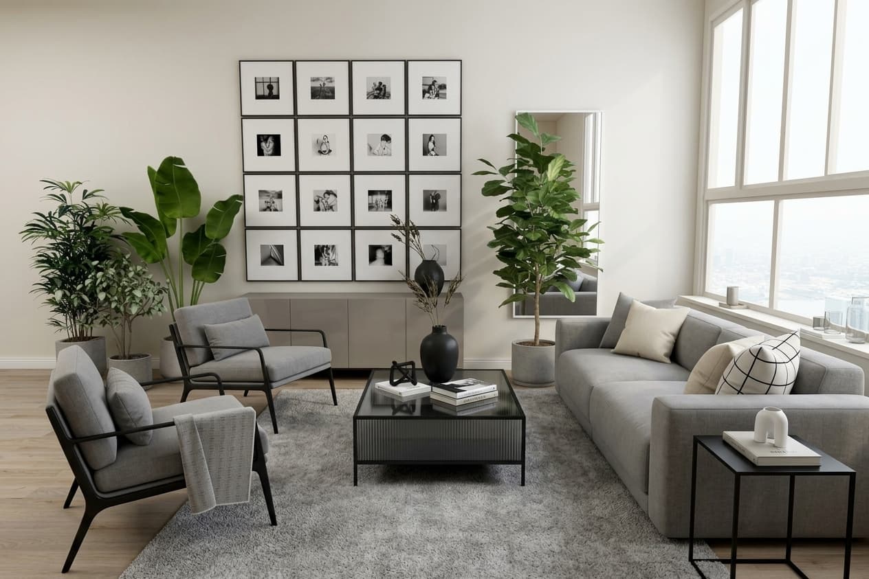 Same room restyled to modern minimal furniture and décor after AI interior redesign