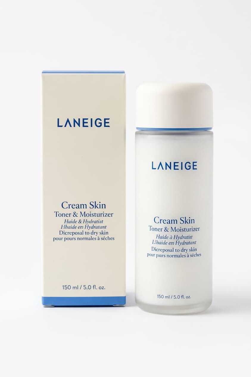 Skincare bottle and box on plain white before product shadow