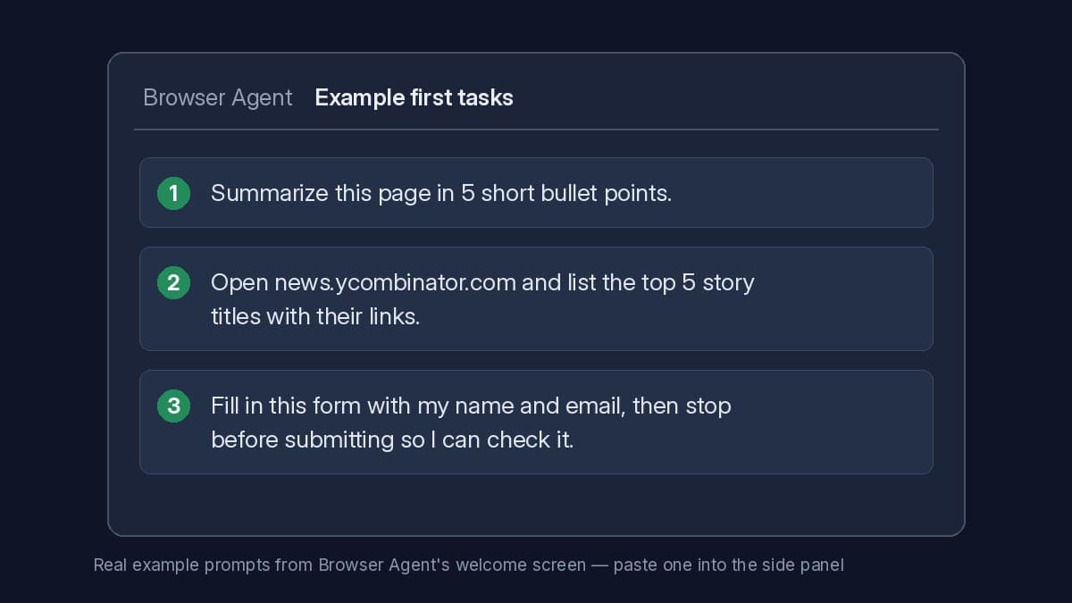 Three example AI browser agent tasks: summarize a page, list top stories with links, fill a form and stop before submitting