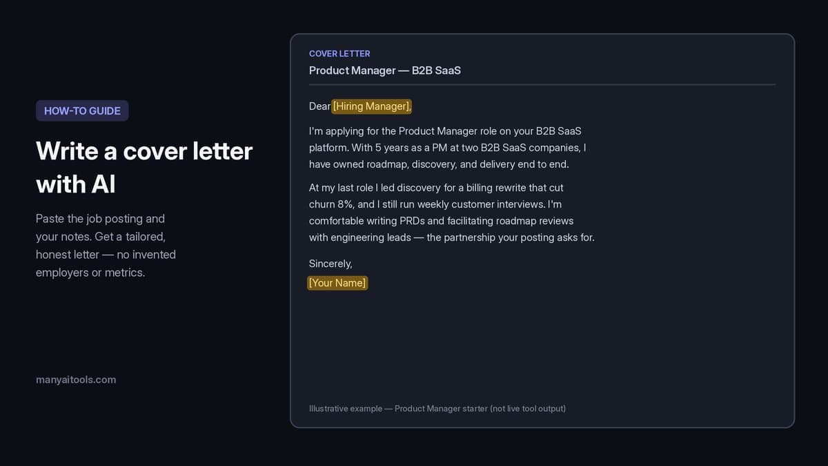 Example cover letter structure for a sample Product Manager application, with placeholders for hiring manager and name