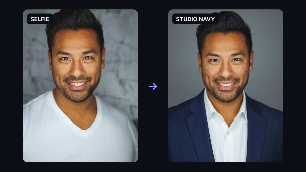 Casual selfie in a white T-shirt next to the same man as a studio headshot in a navy blazer on a gray backdrop