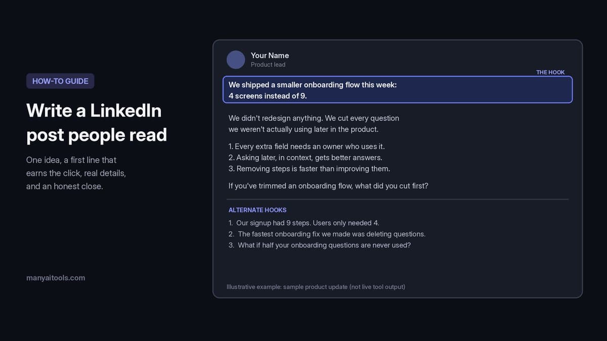 Example LinkedIn post about trimming an onboarding flow, with the first line marked as the hook and three alternate hooks listed below