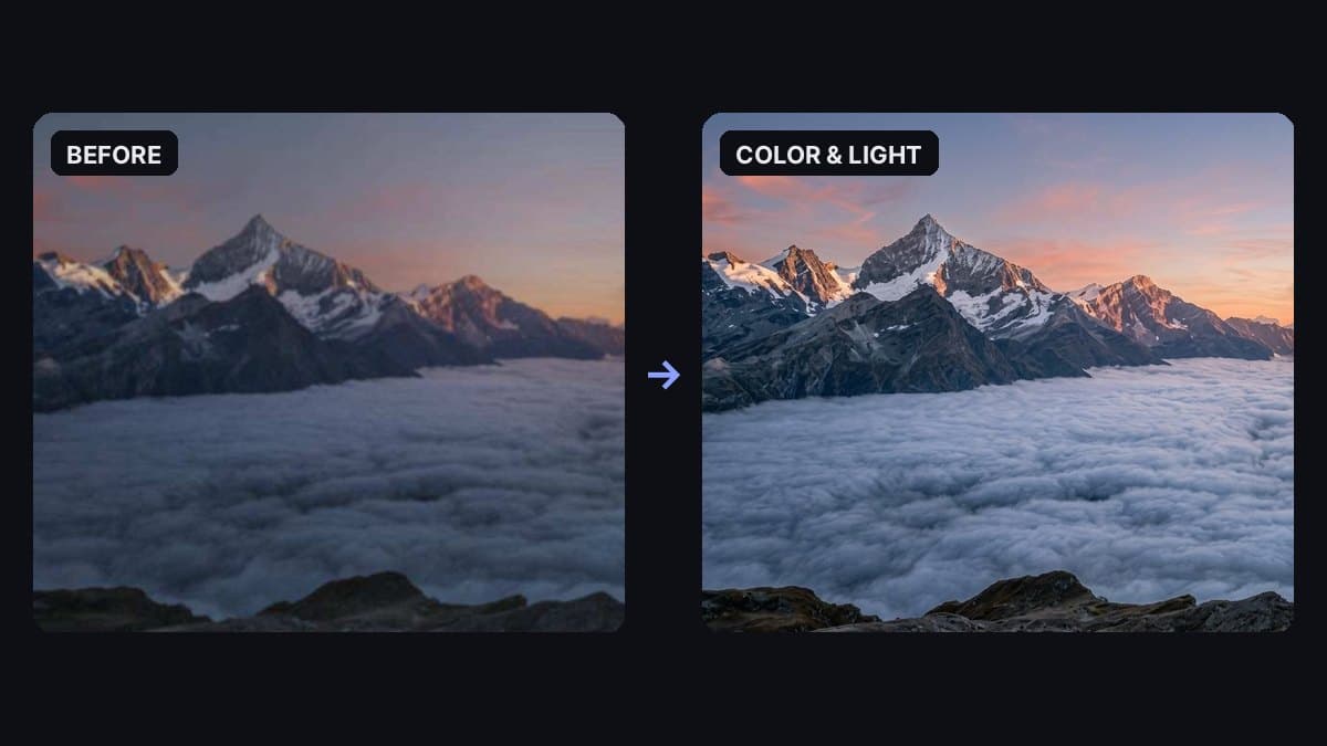 A soft, dark photo of snowy mountain peaks above a sea of clouds, next to the same scene sharper and brighter after AI enhancement