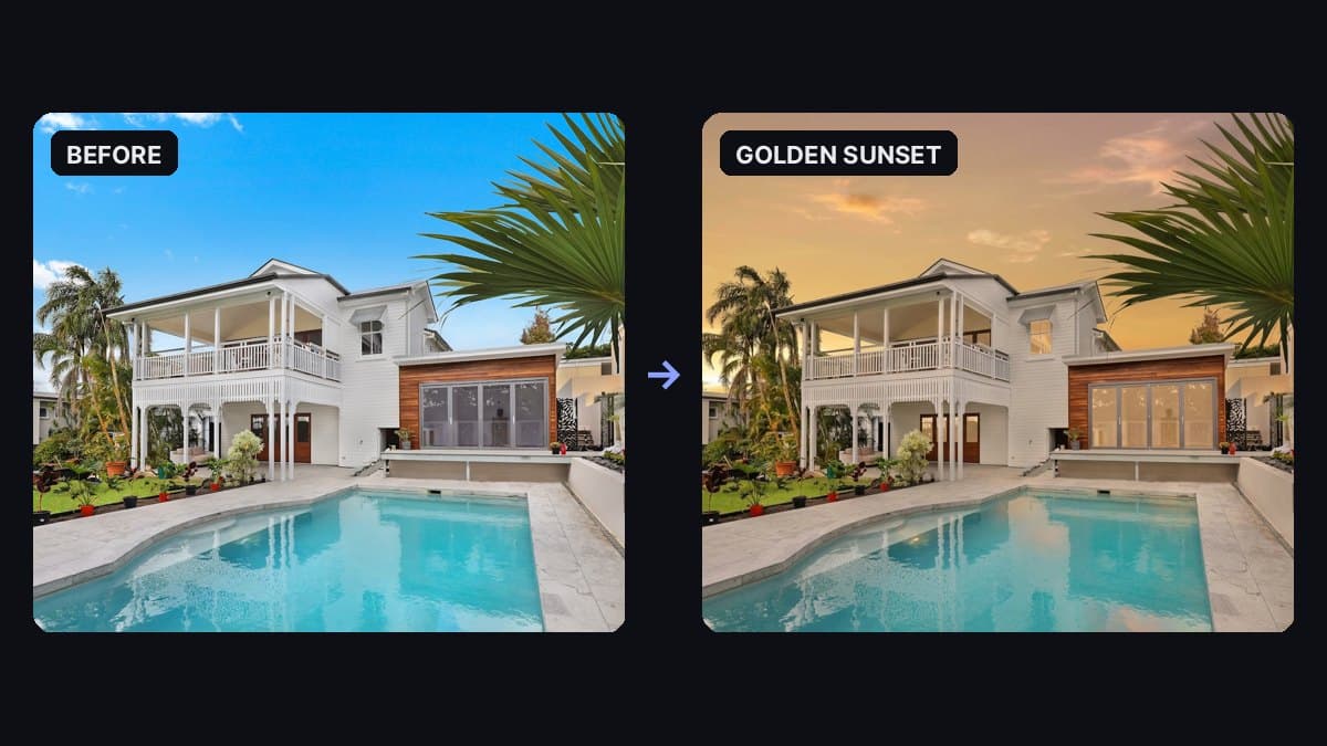 A white two-story house with palms and a pool under a midday blue sky, next to the same house under a golden sunset sky